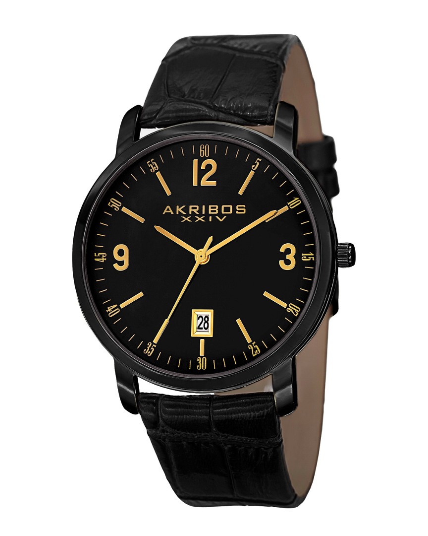 Akribos Xxiv Classic Men's Genuine Leather Watch In Black
