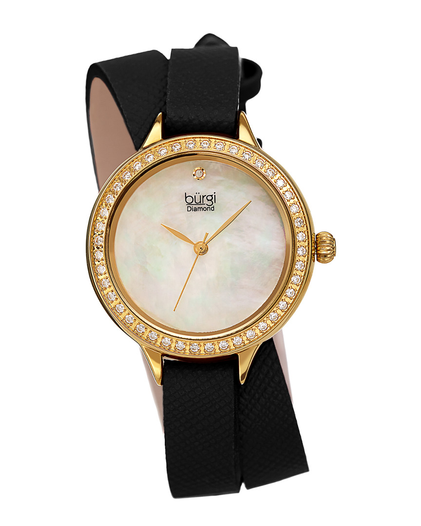 Burgi Women's Safiano Pattern Genuine Leather Double Wrap Strap Diamond Watch