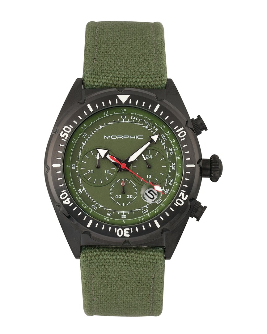 Morphic M53 Series, Black Case, Chronograph Fiber Weaved Olive Leather Band Watch W/date, 45mm