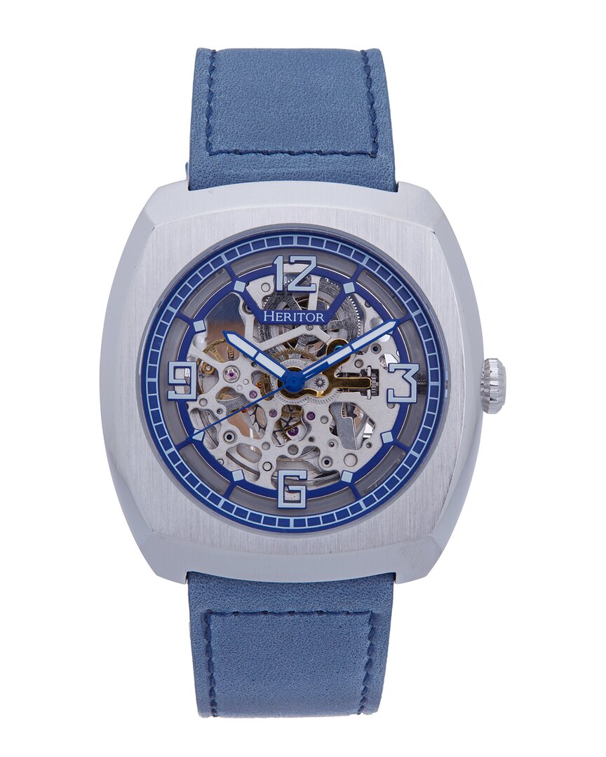 Heritor Automatic Gatling Skeletonized Leather-band Watch In Blue