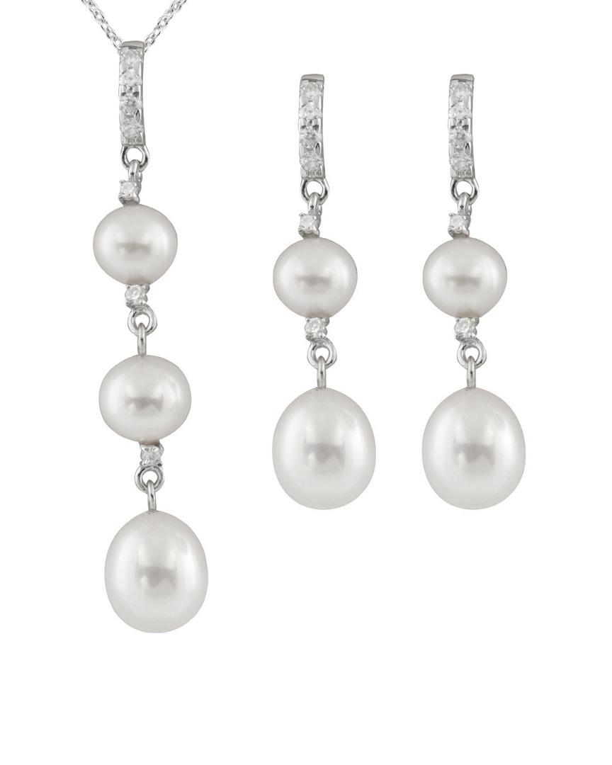 Splendid Pearls Rhodium Over Silver 5.5-8.5mm Pearl Necklace & Earrings Set In Metallic