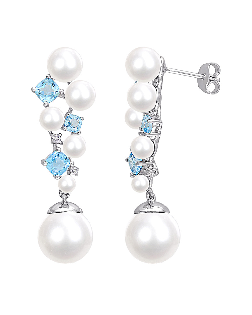 Pearls Silver 2.16 Ct. Tw. Diamond, Swiss Blue Topaz, & 3-12mm Freshwater Pearl Drop Earrings