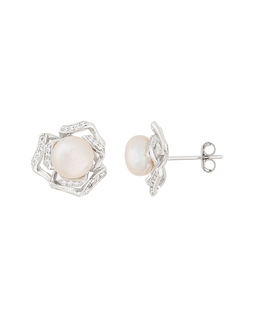 Splendid Pearls & Czs Silver 7-7.5mm Freshwater Pearl & Cz Earrings