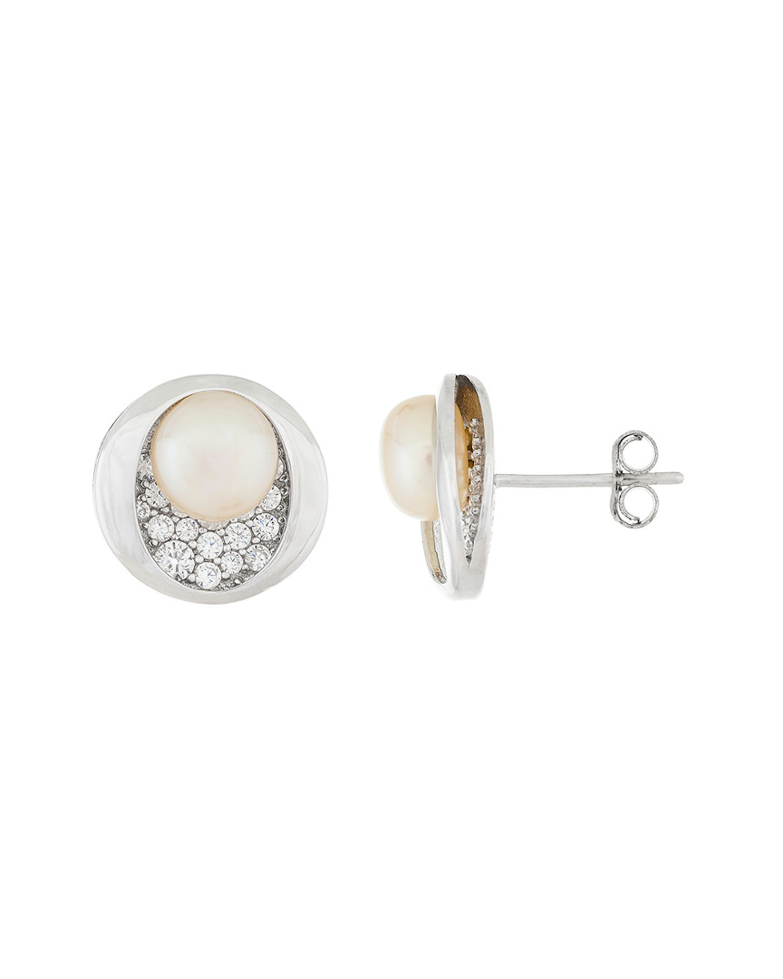 Splendid Pearls & Czs Silver 7-7.5mm Freshwater Pearl & Cz Earrings