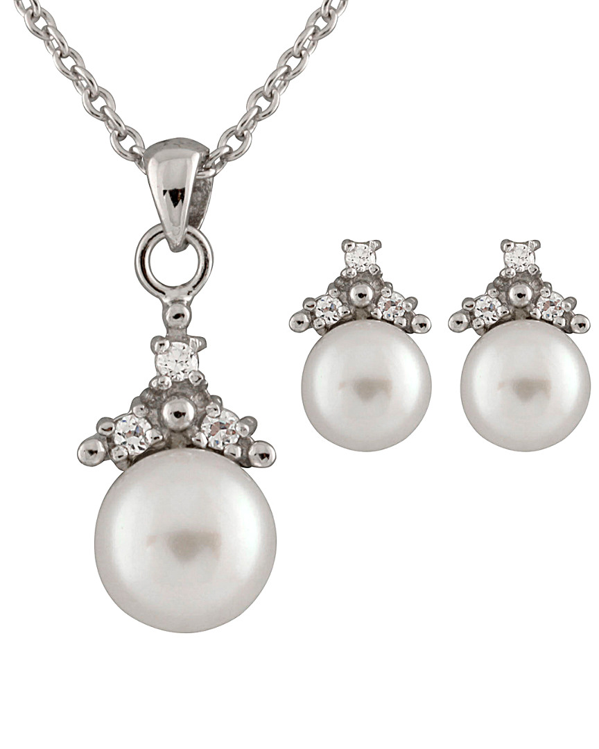 Splendid Pearls Silver 6-7mm Freshwater Pearl & Cz Earrings & Necklace Set