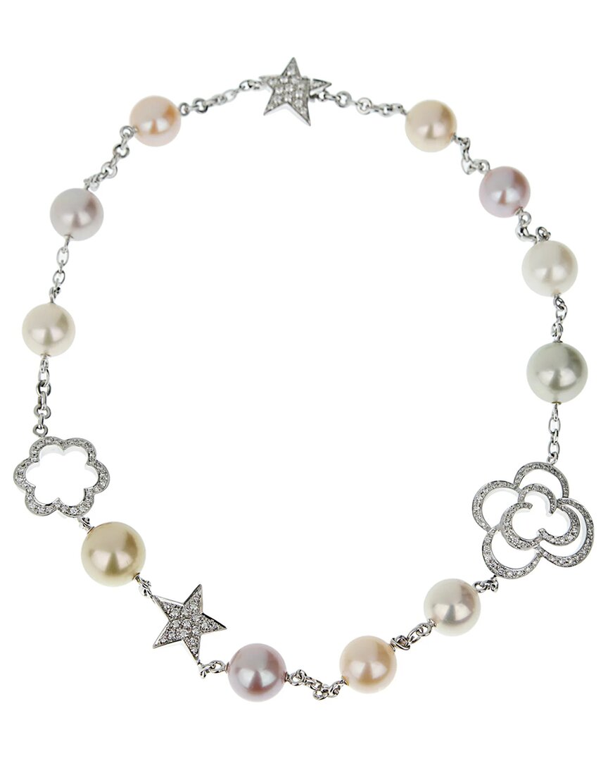 Pre-owned Chanel 18k 2.50 Ct. Tw. Diamond & Pearl Camellia & Comete Motif Necklace (authentic )