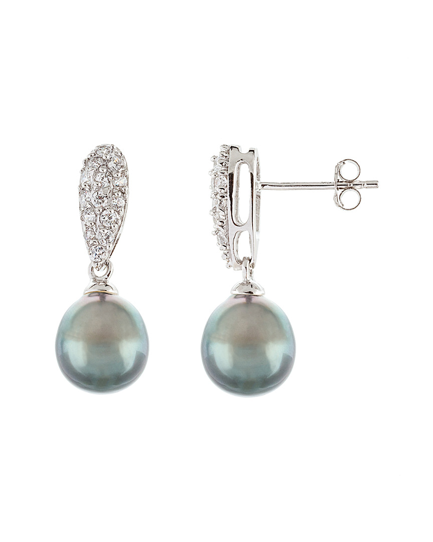 Splendid Pearls Silver 8-8.5mm Tahitian Pearl & Cz Earrings