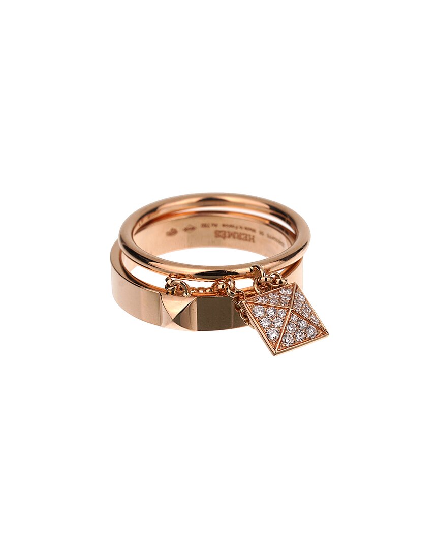Pre-owned Hermes 18k Rose Gold 0.15 Ct. Tw. Diamond Clou D'h Ring (authentic )