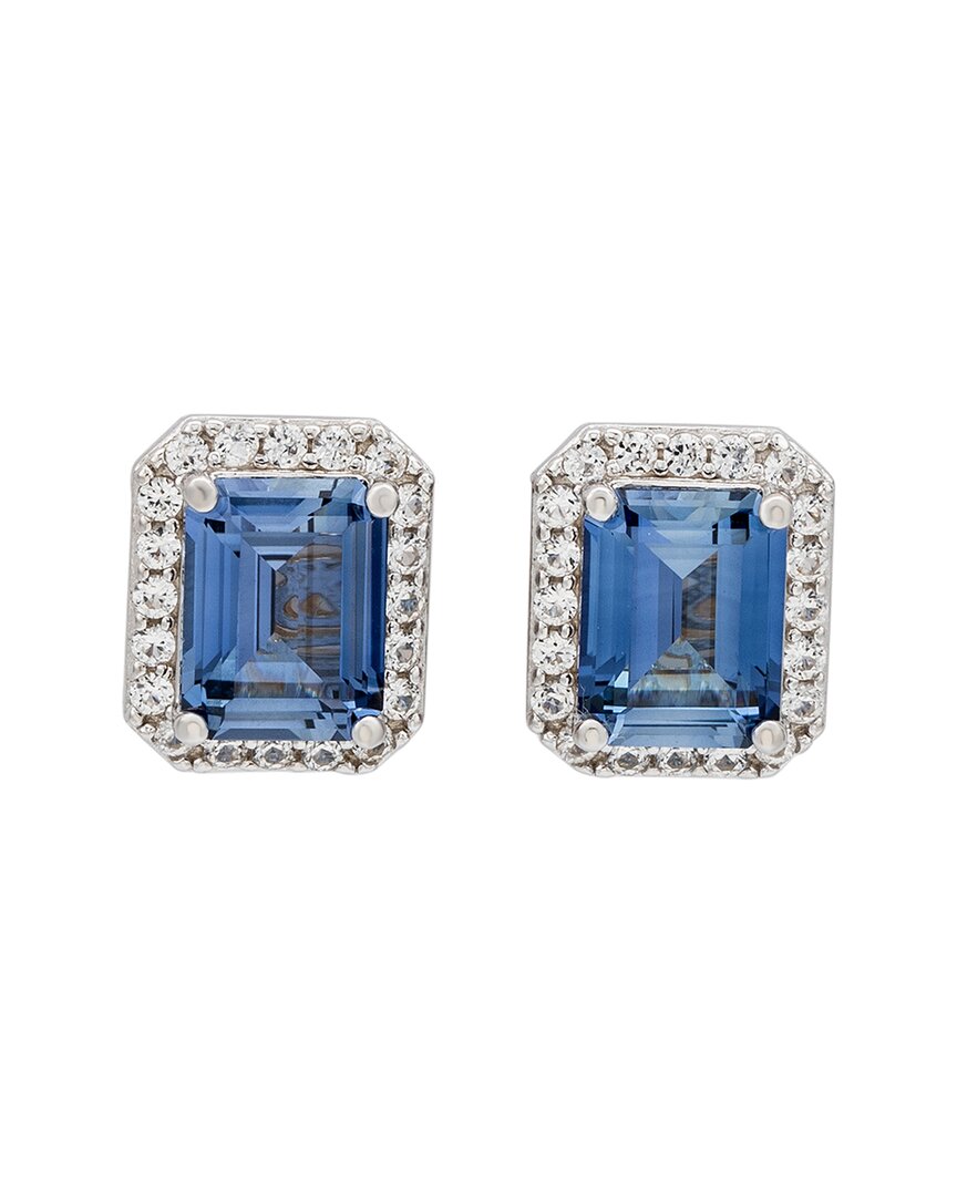 Suzy Levian Sterling Silver Emerald Cut Blue Sapphire Diamond Accent Halo Stud Earrings