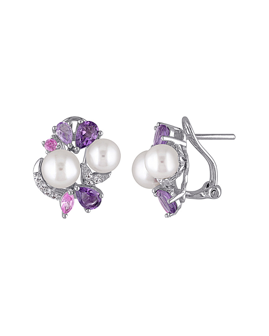 Pearls Delmar Silver Gemstone & 6.5-8mm Pearl Clip Earrings