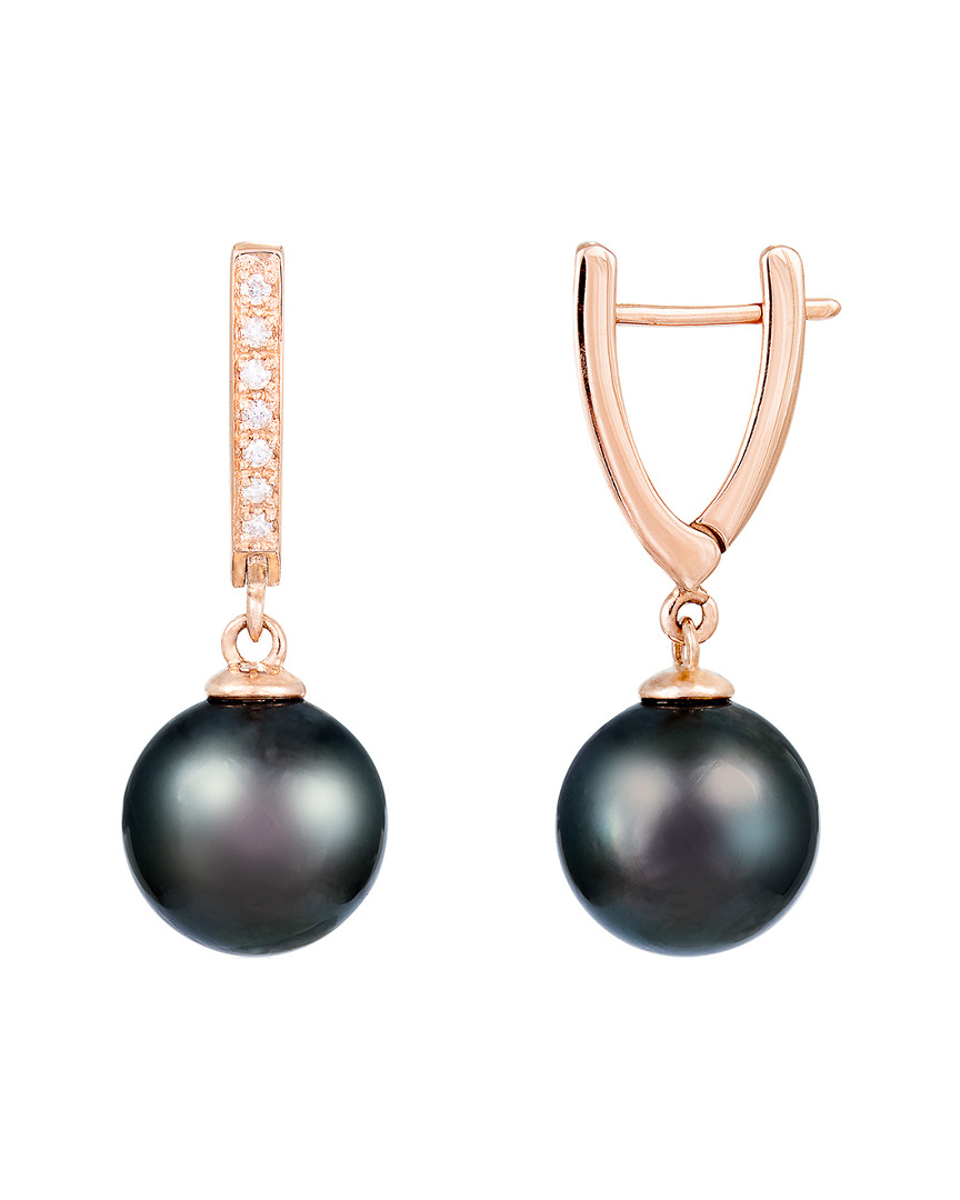 Splendid Pearls 14k Rose Gold 0.10 Ct. Tw. Diamond & 10-11mm Tahitian Pearl Earrings In Black