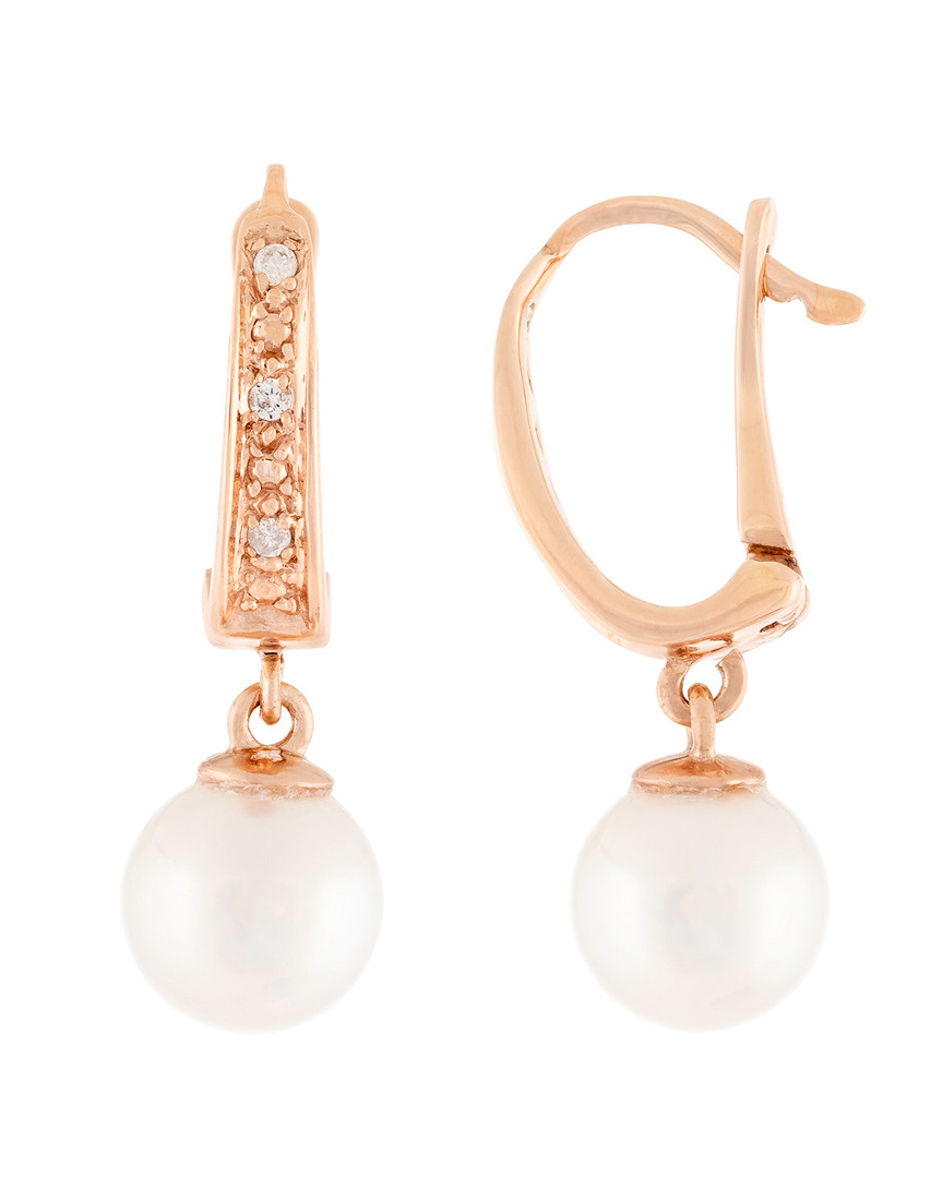 Splendid Pearls 14k Rose Gold 0.04 Ct. Tw. Diamond & 7-7.5mm Akoya Pearl Earrings