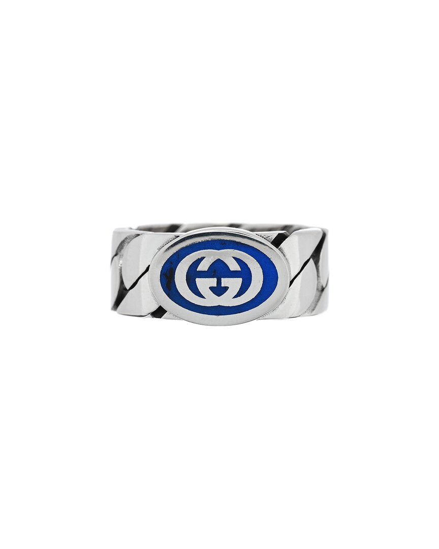 Gucci Silver Enamel Interlocking G Chain Ring 56 7.5 (authentic Pre-loved) In Silver