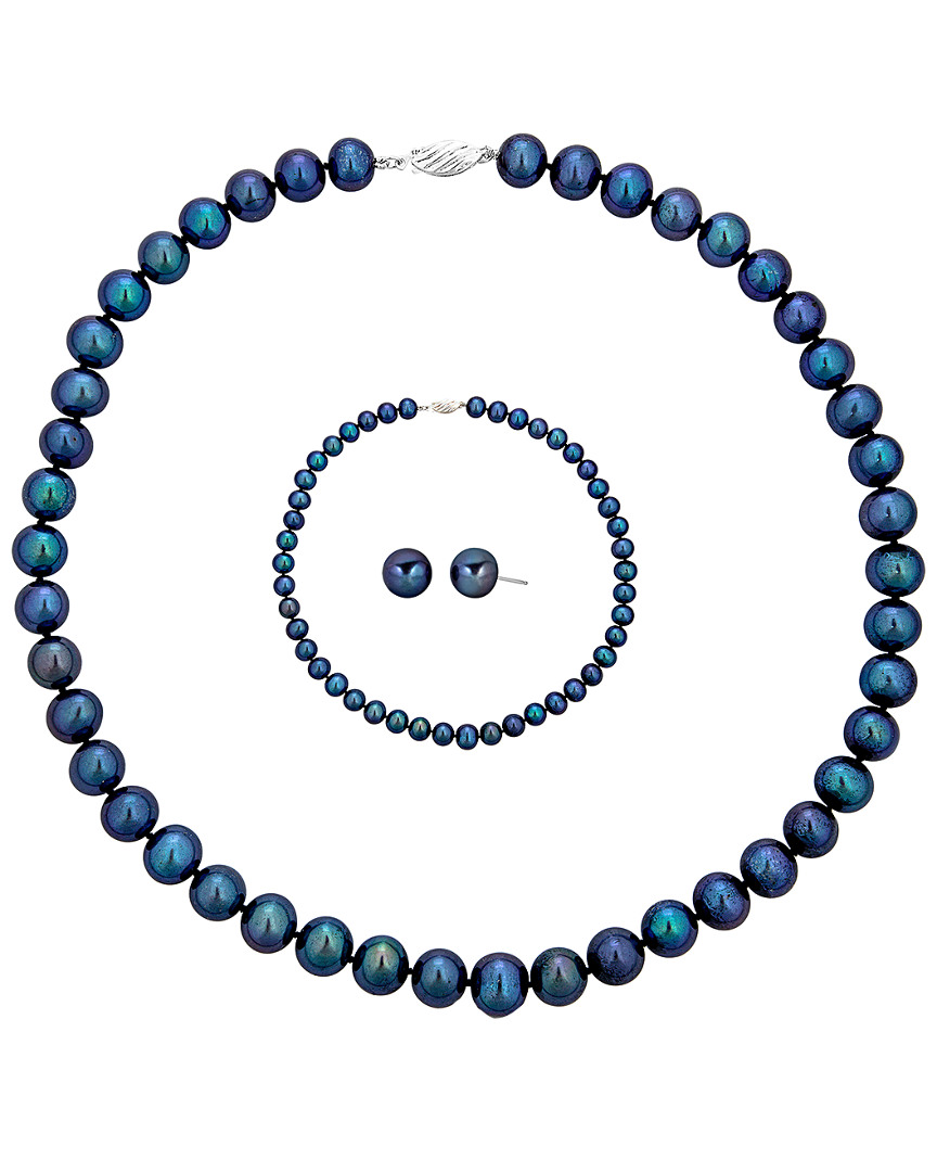 Belpearl Silver 9-10mm Freshwater Pearl Necklace, Earrings, & Bracelet Set