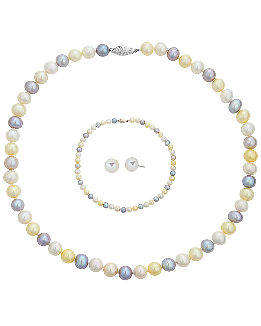 Belpearl Silver 8-9mm Freshwater Pearl Necklace, Earrings, & Bracelet Set