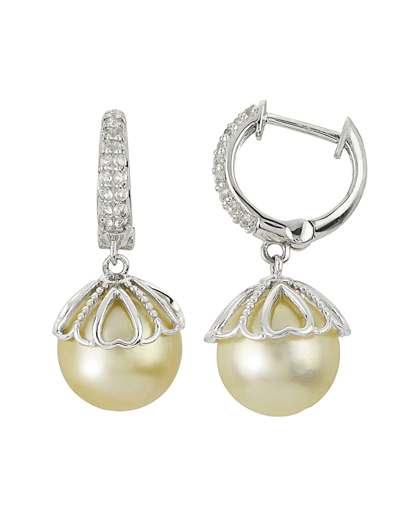 Pearls Imperial Silver 0.38 Ct. Tw. White Topaz & 10-11mm Golden South Sea Pearl Earrings