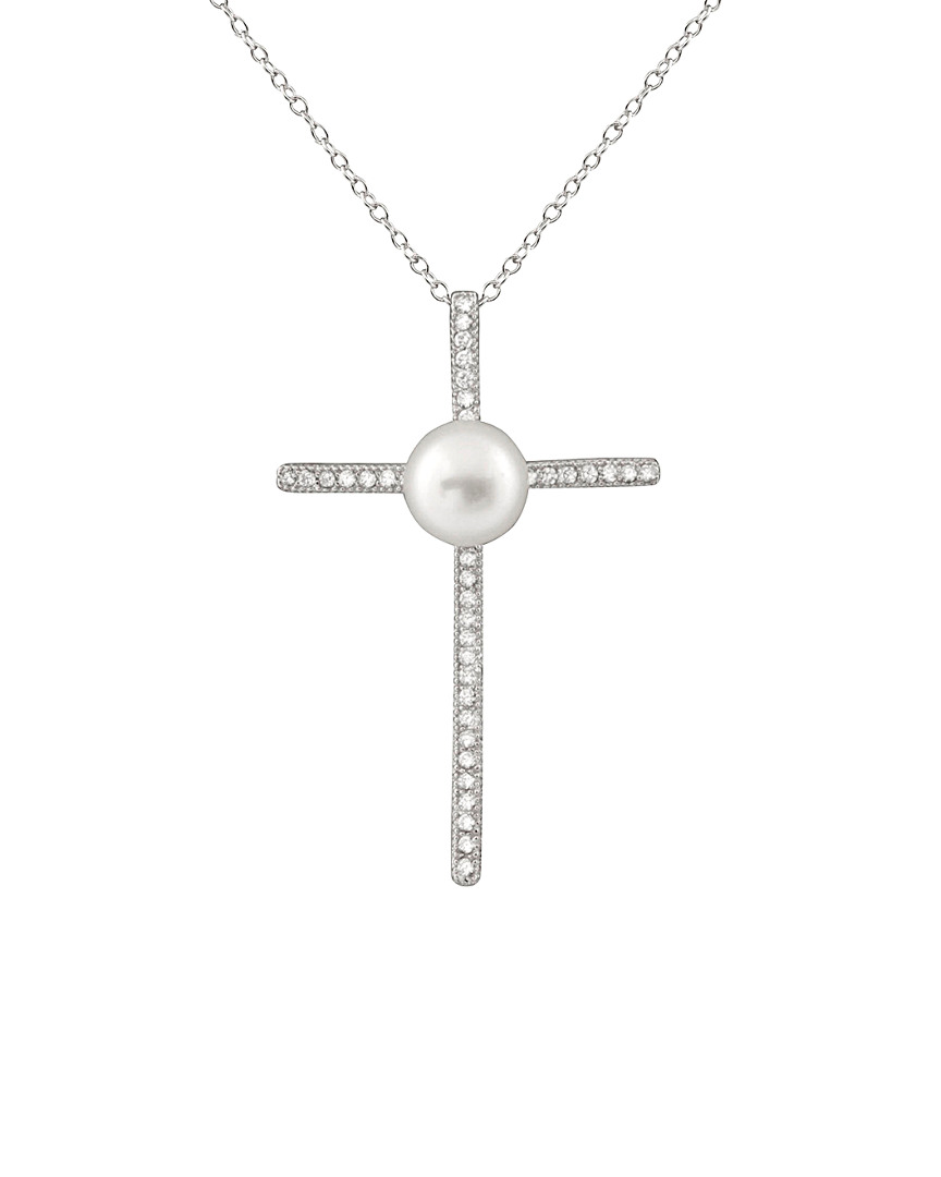 Splendid Pearls Rhodium Plated Silver 8-8.5mm Freshwater Pearl & Cz Necklace