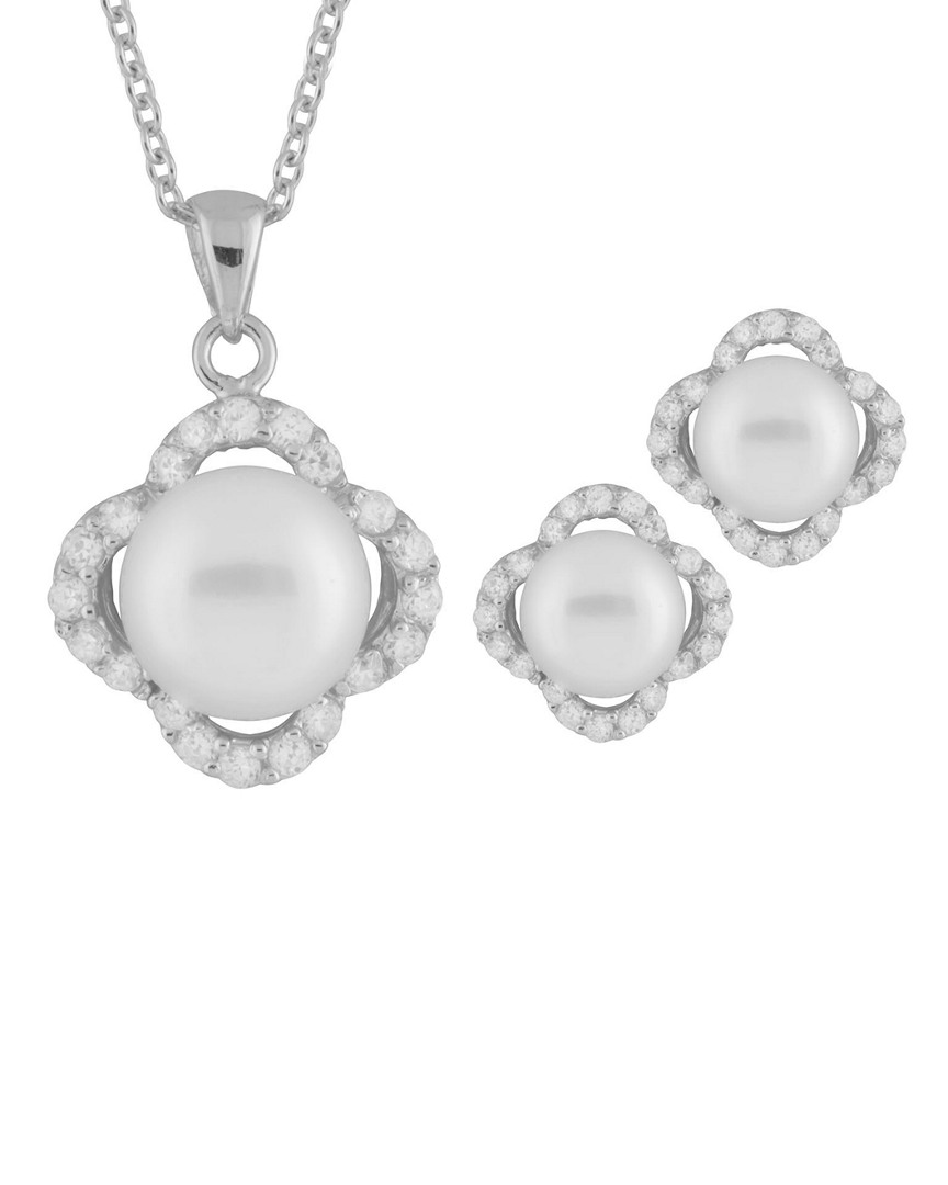 Splendid Pearls Rhodium Over Silver 8-9mm Pearl Necklace & Earrings Set