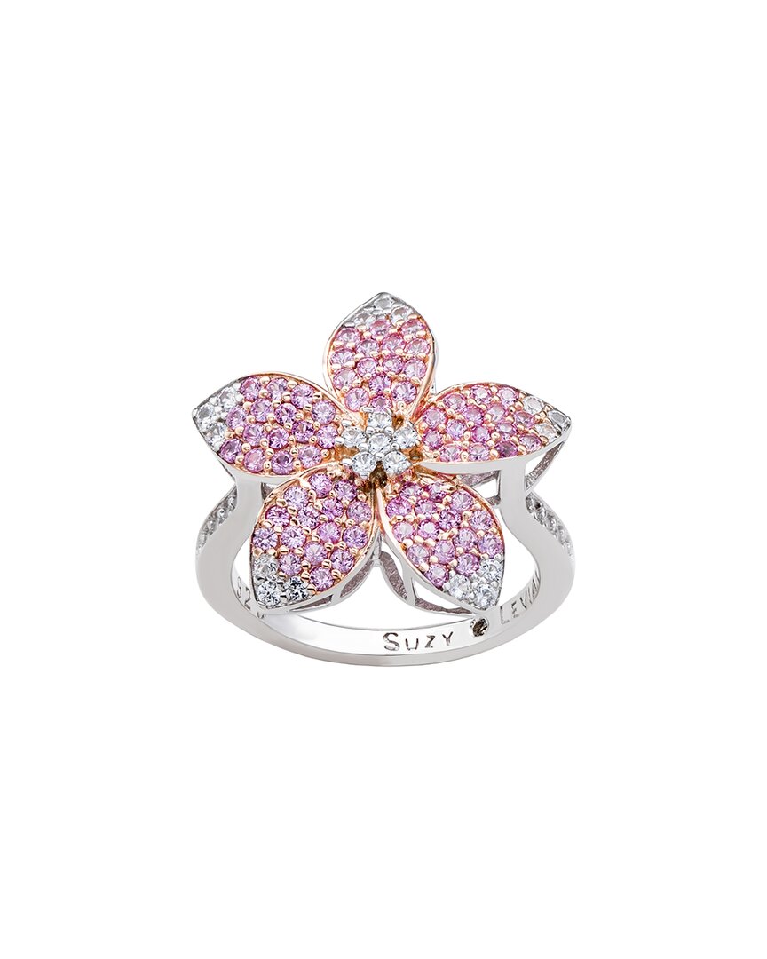Suzy Levian Silver 0.02 Ct. Tw. Diamond & Gemstone Flower Ring In Pink