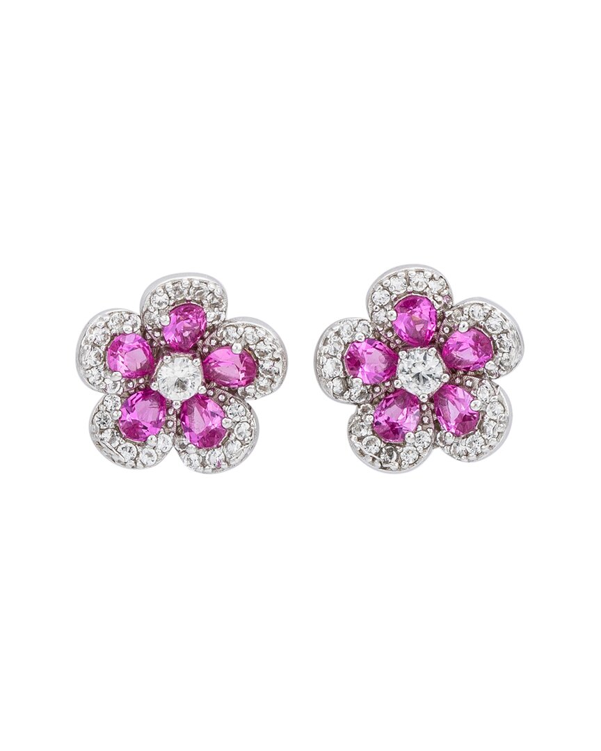 Suzy Levian Sterling Silver Blue Sapphire Created White Sapphire Petite Flower Earrings In Purple