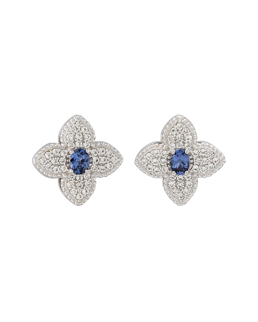 Suzy Levian Silver 0.02 Ct. Tw. Diamond & Gemstone Stud Earrings In Blue