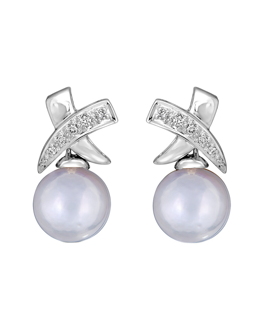 Belpearl 14k 0.09 Ct. Tw. Diamond & 8.5 Mm Freshwater Pearl Earrings In Metallic