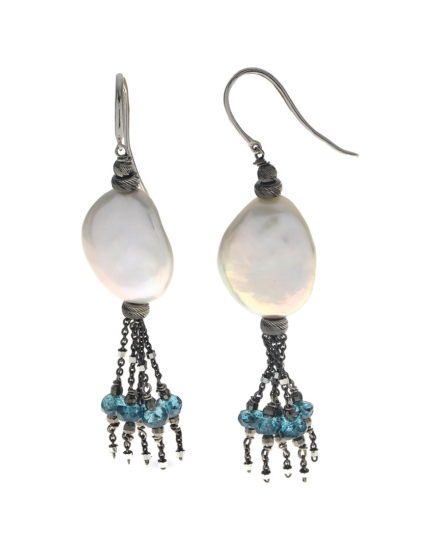 Pearls Imperial Silver Blue Topaz & 13-20mm Freshwater Pearl Earrings