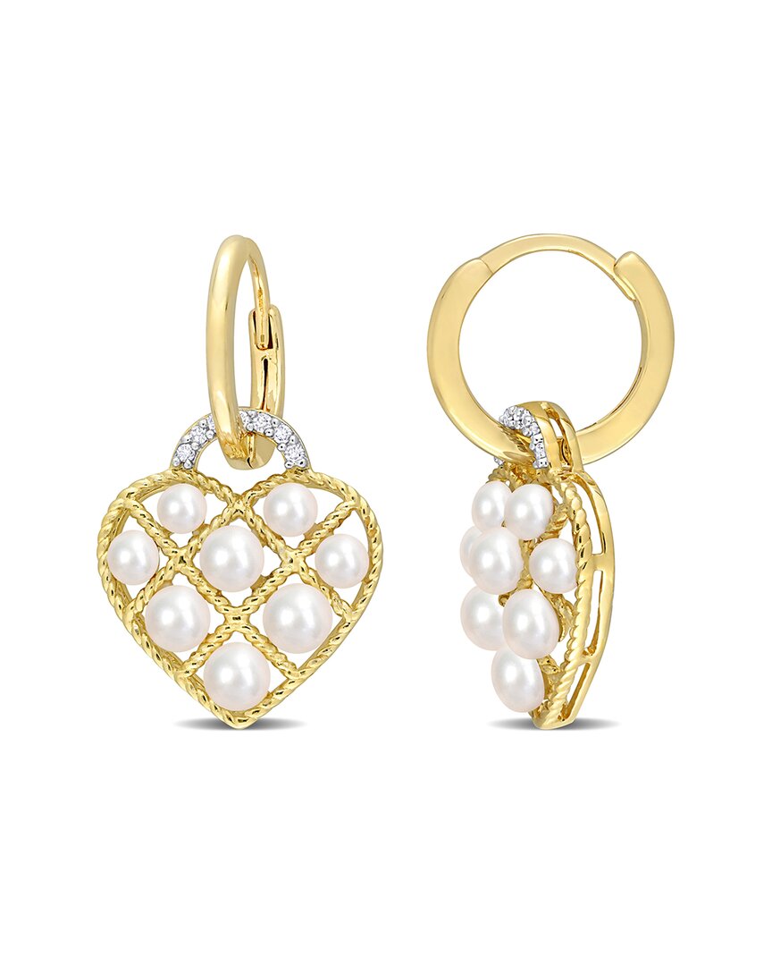 Rina Limor Gold Over Silver Diamond 3-3.5mm Pearl Heart Hoops