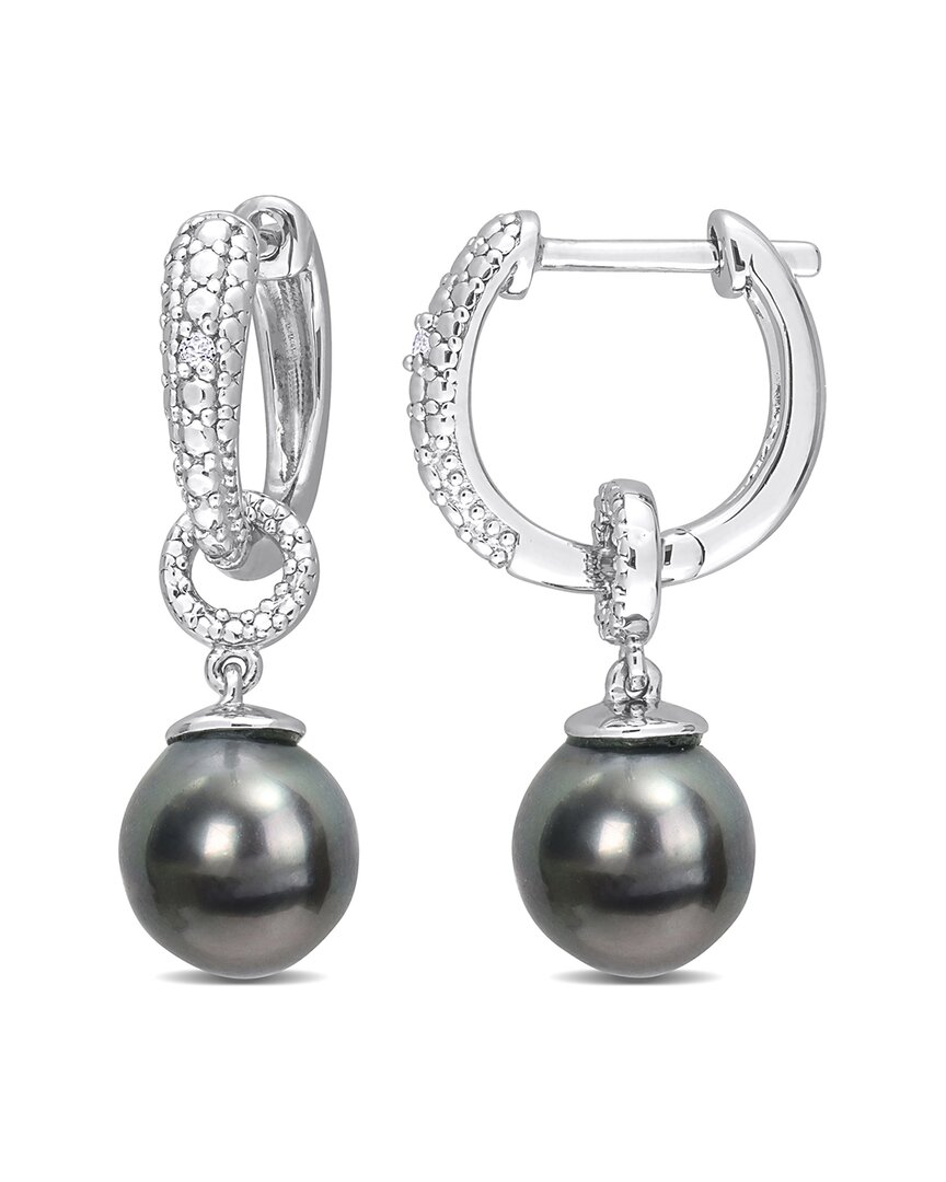 Rina Limor Silver Diamond 8-8.5mm Pearl Drop Huggie Earrings