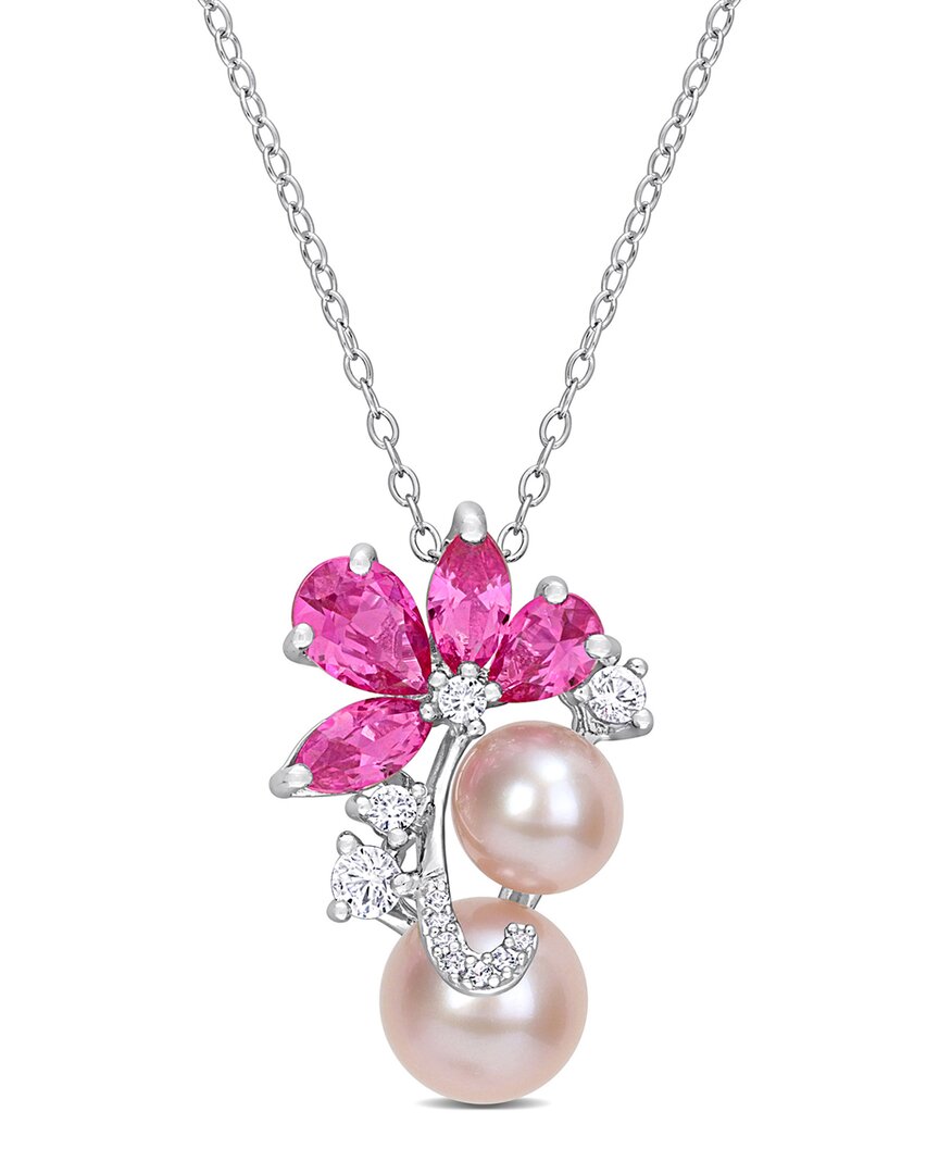 Rina Limor Silver 3.13 Ct. Tw. Pink Sapphire 7-7.5mm Pearl Pendant