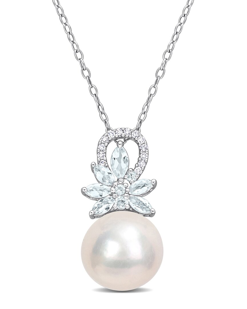 Rina Limor Silver 0.67 Ct. Tw. Diamond & Aquamarine 11-12mm Pearl Flower Pendant