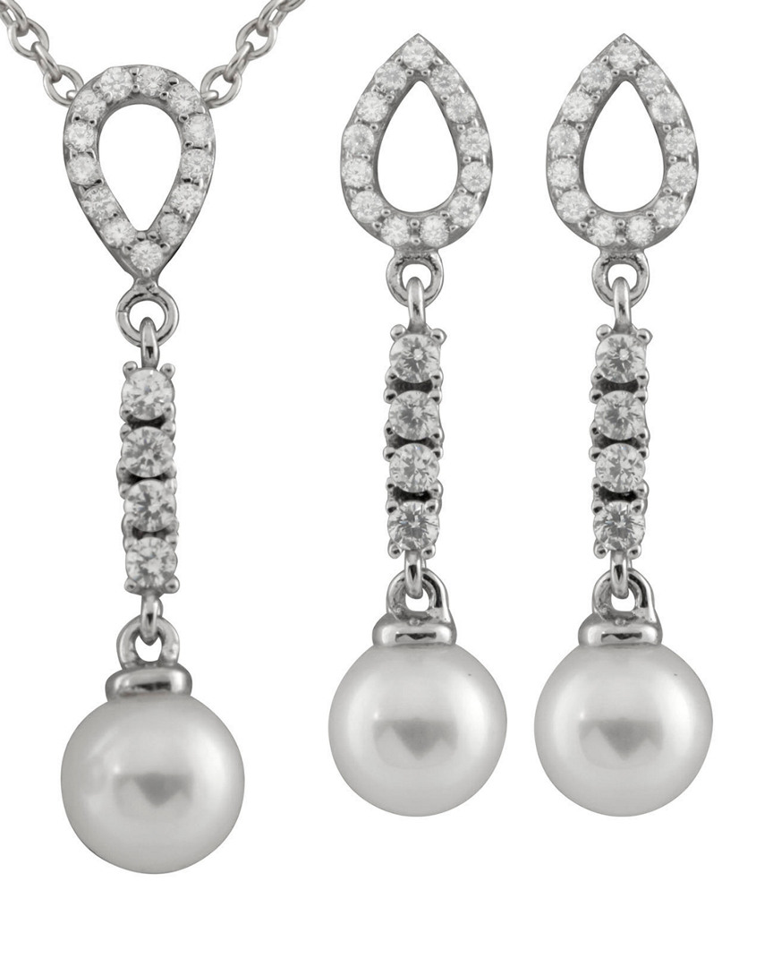 Splendid Pearls Silver 7-7.5mm Freshwater Pearl & Cz Necklace & Drop Earrings Set