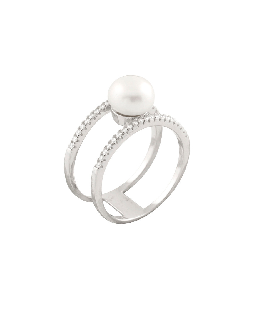 Splendid Pearls Silver 8-8.5mm Freshwater Pearl & Cz Ring