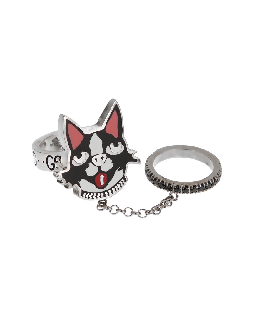 Gucci Silver Bosco Black Spinel Double Enamel Ring In Metallic