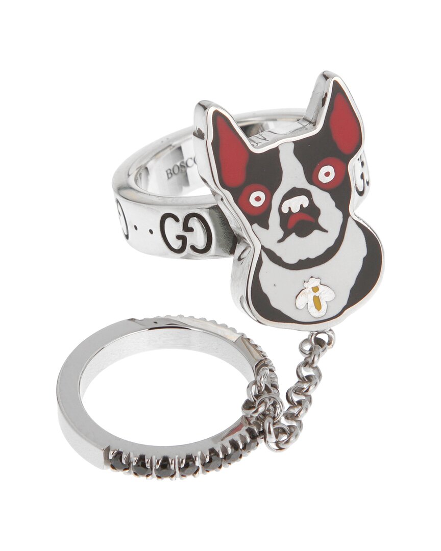 Gucci Silver Bosco Black Spinel Double Enamel Ring In Metallic