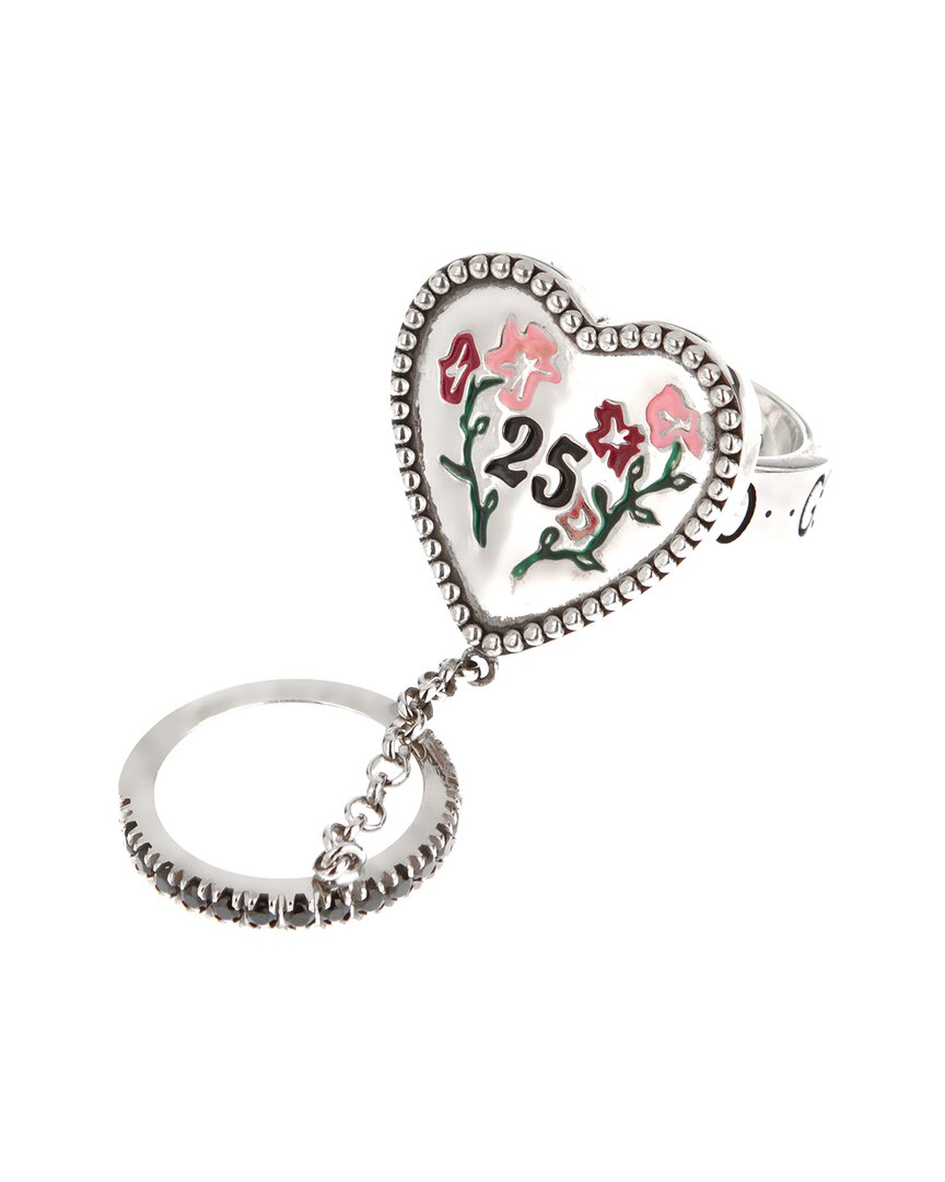 Gucci Silver Floral Enamel Black Spinel Double Ring In Metallic