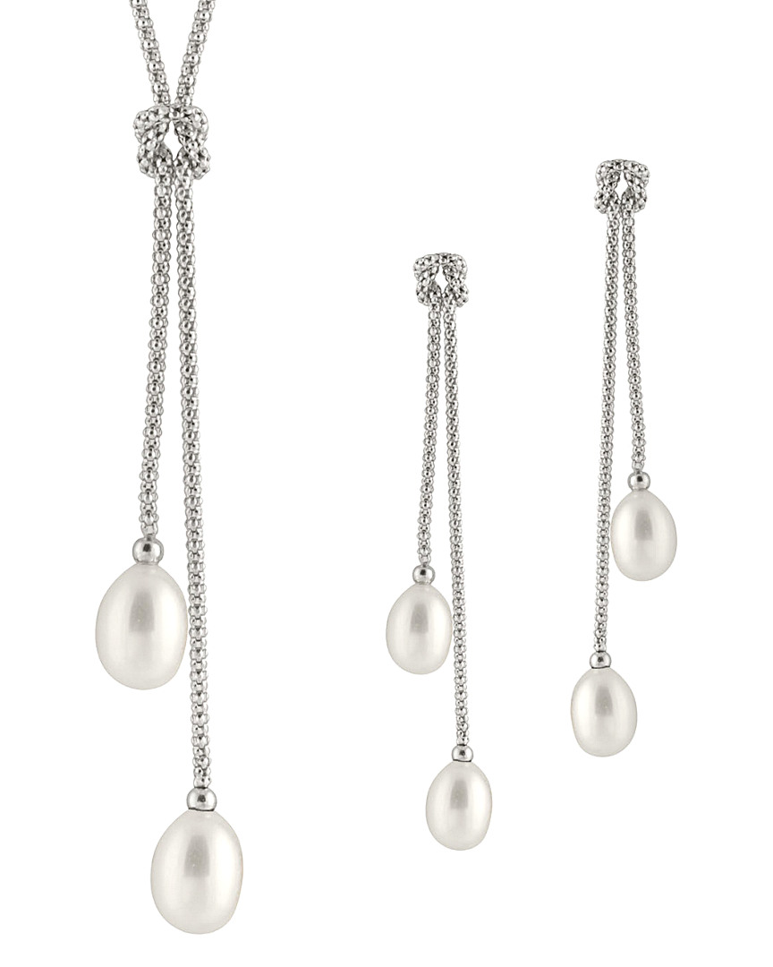 Splendid Pearls Silver 7.5-8mm Freshwater Pearl Drop Earrings & Necklace Set