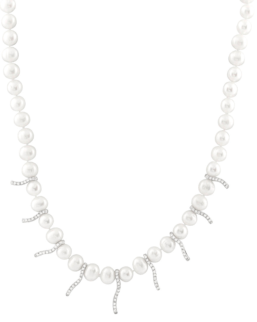 Splendid Pearls Silver 7-8mm Freshwater Pearl & Cz Necklace