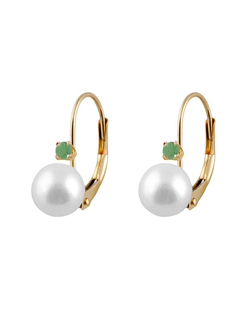 Splendid Pearls 14k 0.10 Ct. Tw. Emerald & 7-7.5mm Freshwater Pearl Drop Earrings