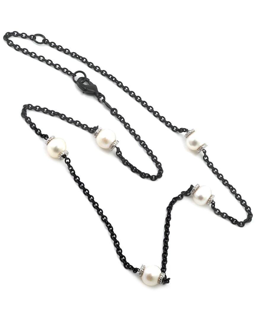 Pearls Silver & Steel 0.09 Ct. Tw. Diamond 8.15mm Pearl Pendant Necklace