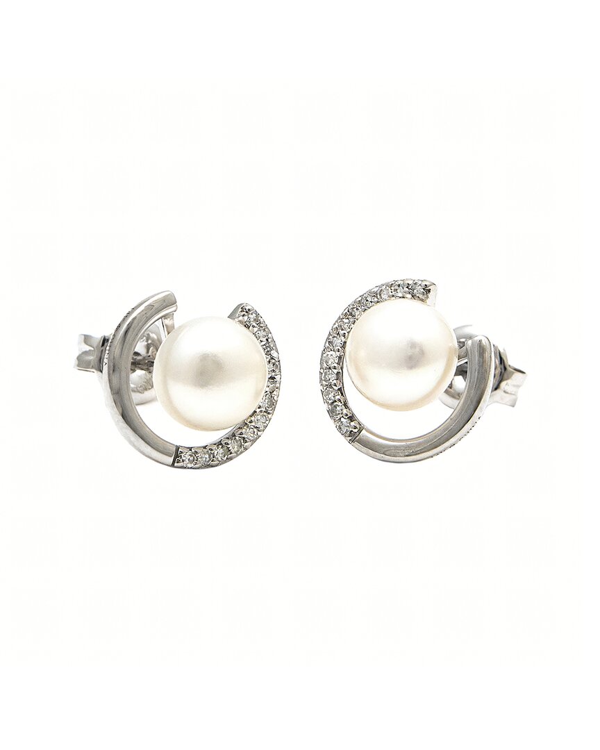 Diamond Select Cuts 0.02 Ct. Tw. Diamond & 6-7mm Pearl 14k Earrings In Metallic