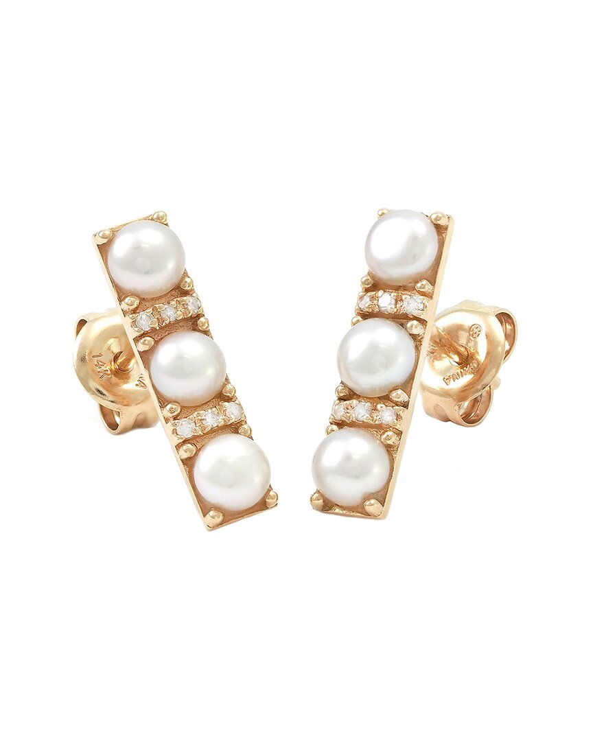 Gemstones 0.04 Ct. Tw. Diamond & 3-4mm Pearl 14k Earrings In Gold