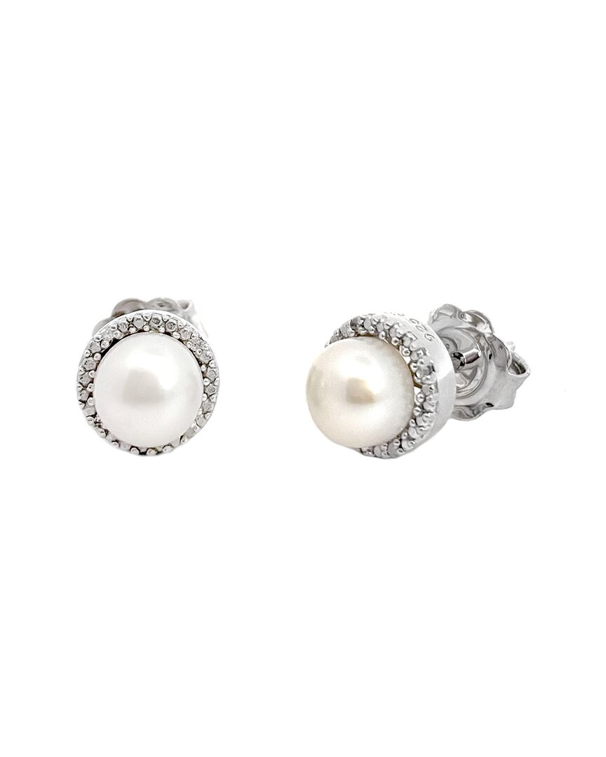 Diamond Select Cuts 0.03 Ct. Tw. Diamond & 5-6mm Pearl Silver Earrings In Metallic