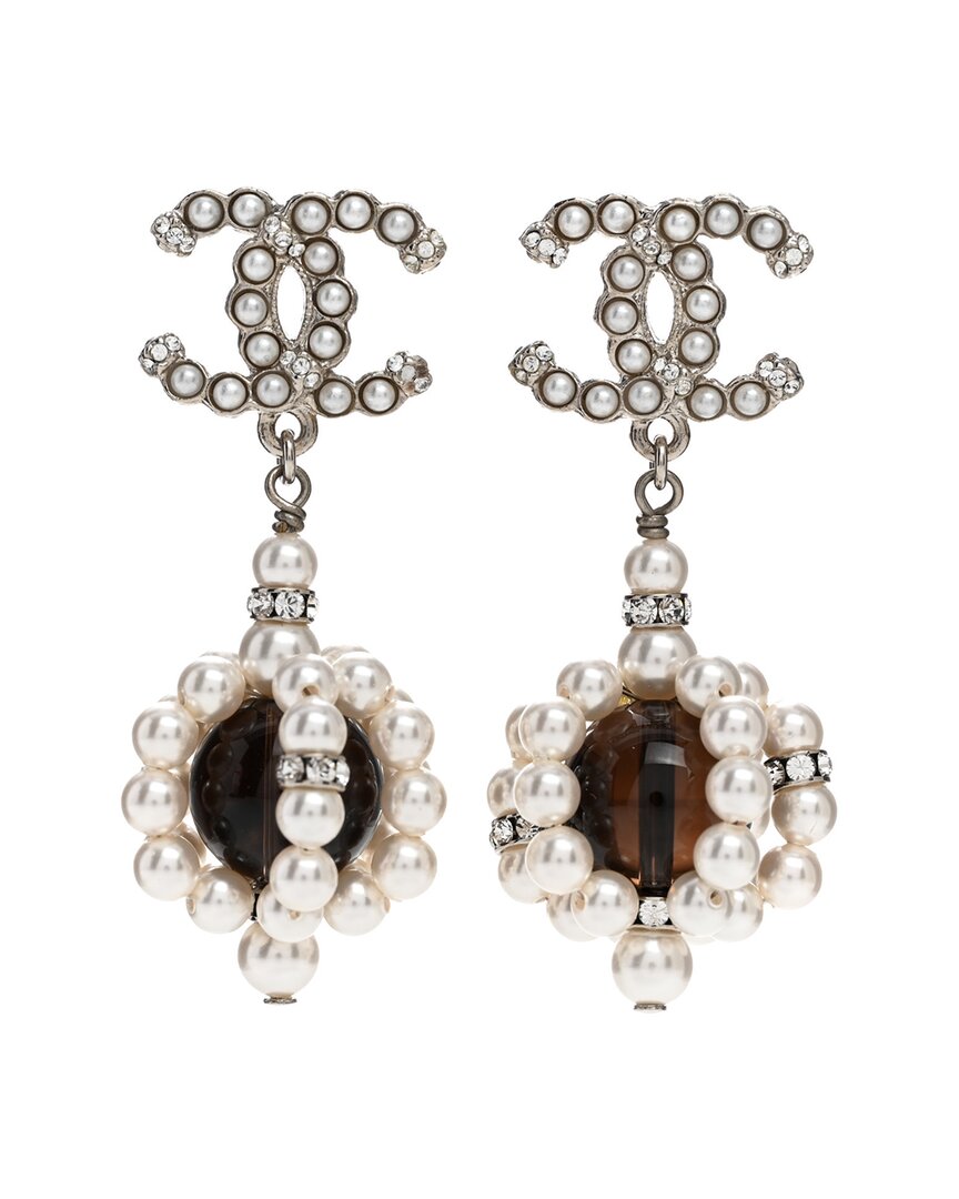 Pre-owned Chanel Crystal Pearl Bead Cc Drop Earrings (authentic Pre-loved)