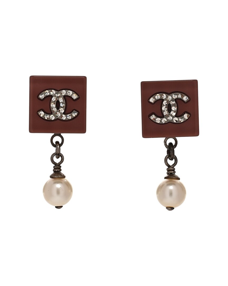 Pre-owned Chanel Resin Crystal Pearl Square Cc Drop Earrings (authentic Pre-loved)