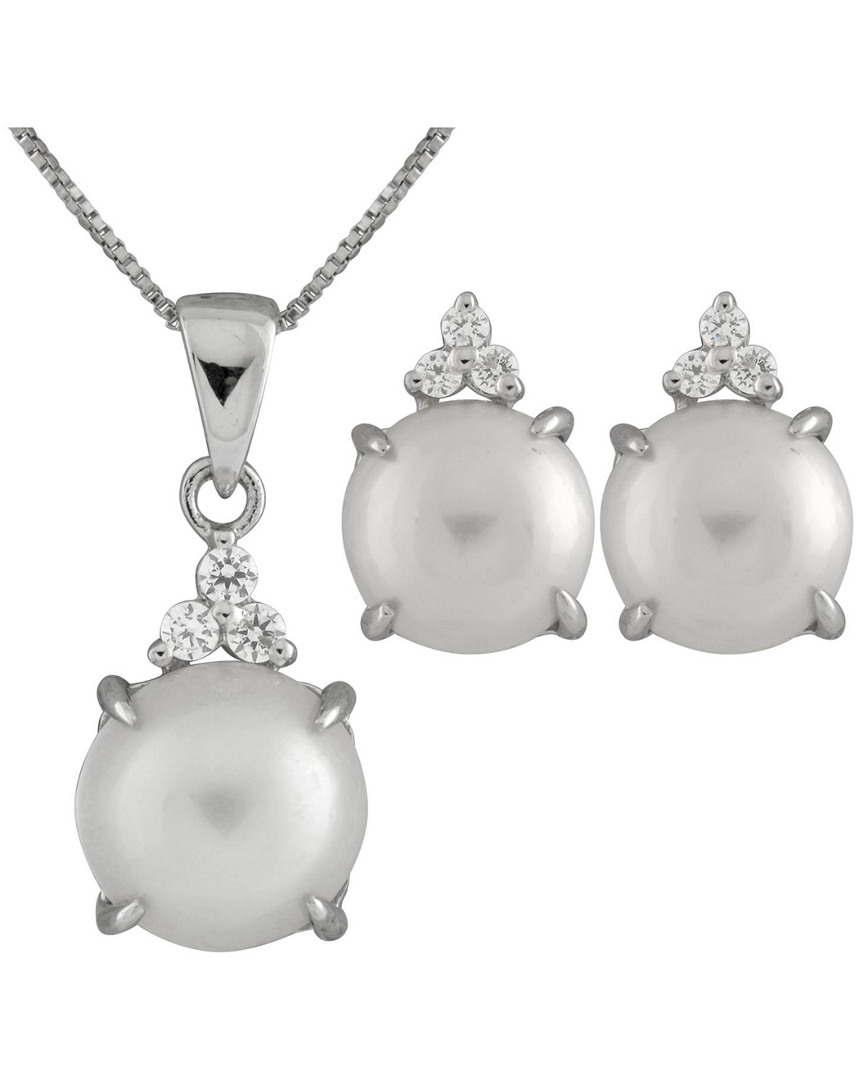 Splendid Pearls Rhodium Plated 10-11mm Pearl Drop Earrings & Necklace Set