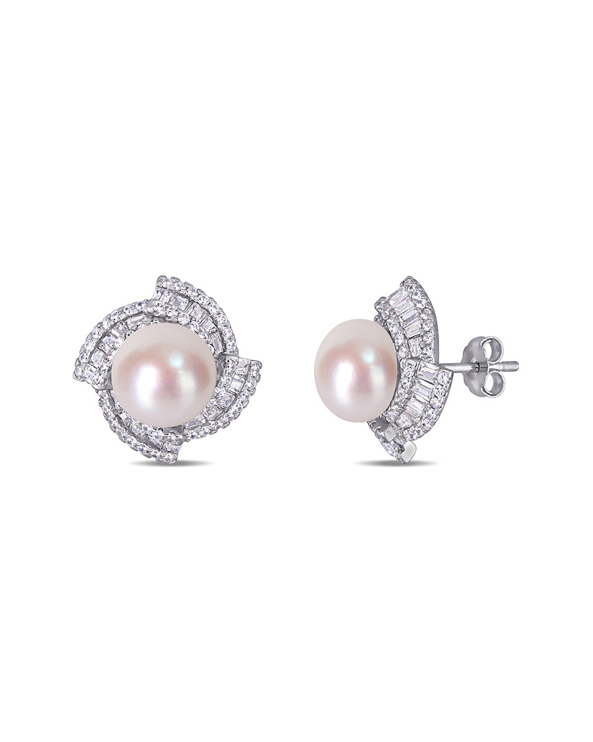Pearls Silver 9.5-10mm Freshwater Pearl & Cz Earrings