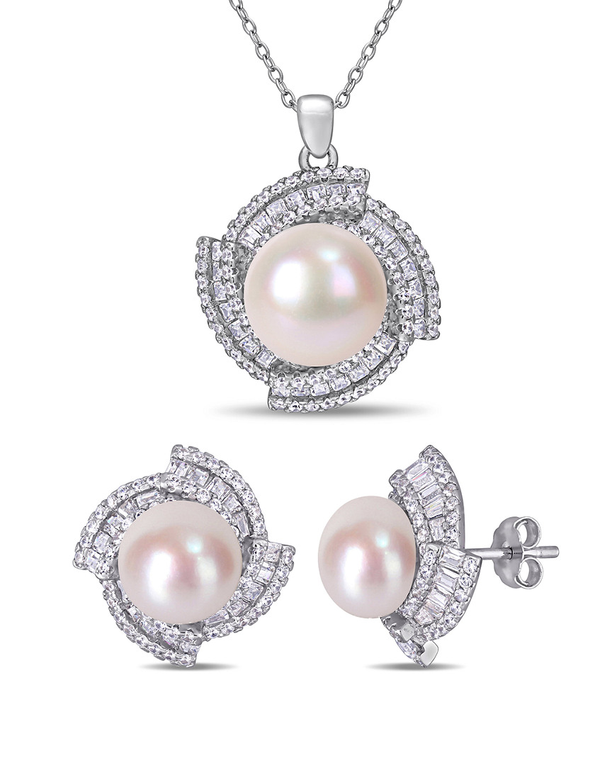 Pearls Silver 9.5-12mm Freshwater Pearl & Cz Earrings & Pendant Necklace Set