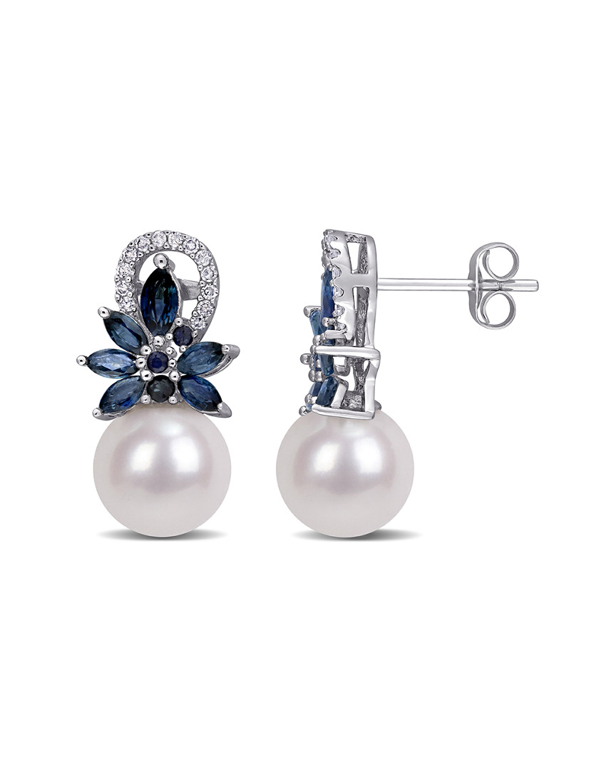 Pearls 14k 1.79 Ct. Tw. Diamond, Sapphire, & 9-9.5mm Freshwater Pearl Floral Earrings