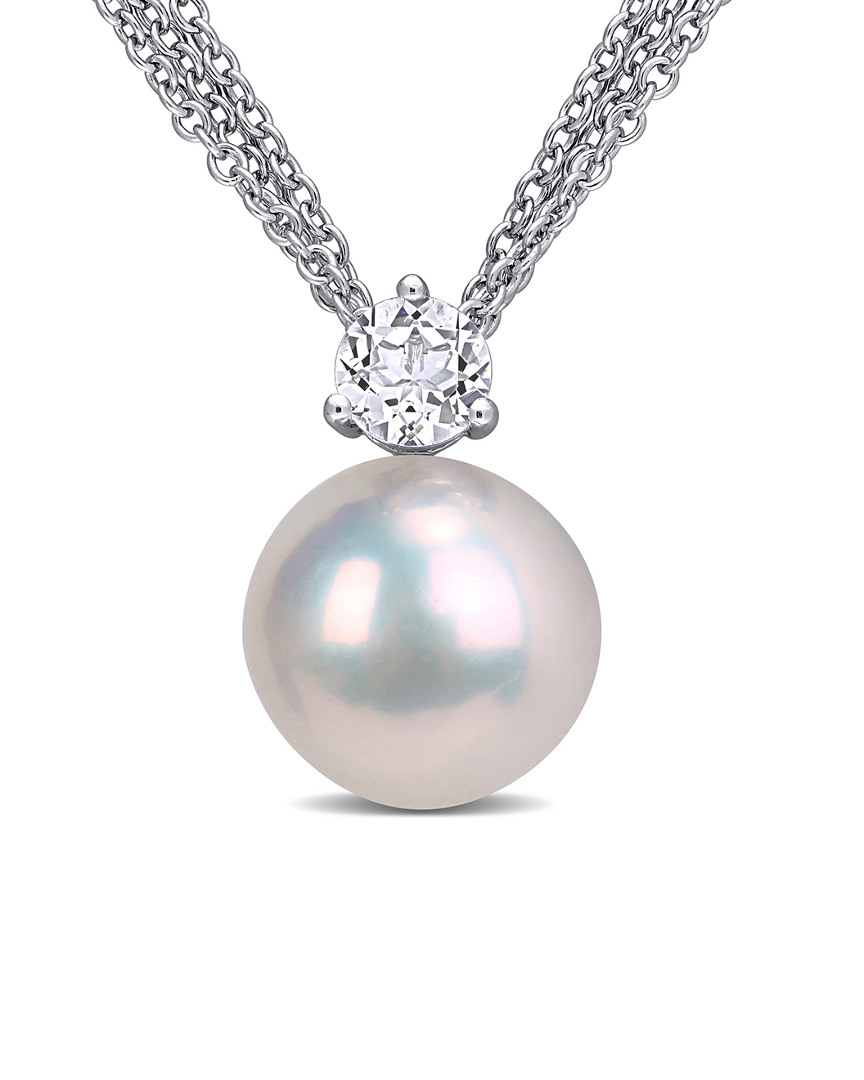 Pearls Silver 0.59 Ct. Tw. White Topaz & 11-12mm Freshwater Pearl Pendant